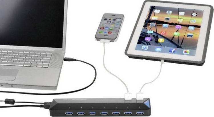 Produktbild: Renkforce RF-3806034 USB-Hub 7 Port USB-A USB 3.0 5 GBit/s mit Schnellladeport, mit Status-LEDs Schwarz