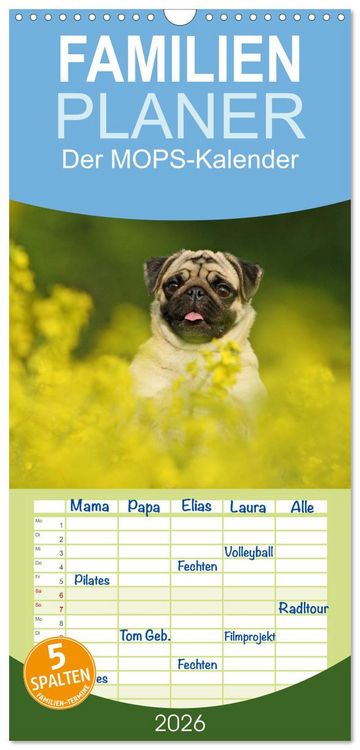 Produktbild: Familienplaner 2026 - Der MOPS-Kalender mit 5 Spalten (Wandkalender, 21 x 45 cm) CALVENDO