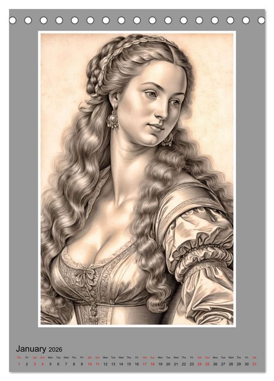 Produktbild: Baroque Beauties, Pencil Art with Artificial Intelligence (Desk Calendar 2026 DIN A5 portrait), CALVENDO 12 Month DeskCalendar