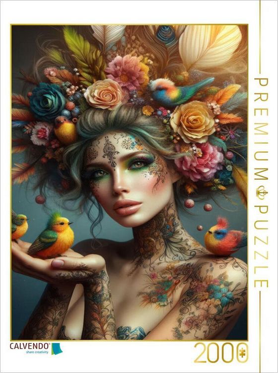 Produktbild: CALVENDO Puzzle Portrait einer Frau mit gelben organischen Haarschmuck und Paradiesv&ouml;geln auf der Hand | 2000 Teile Lege-Gr&ouml;&szlig;e 90x67cm Foto-Puzzle f&uuml;r