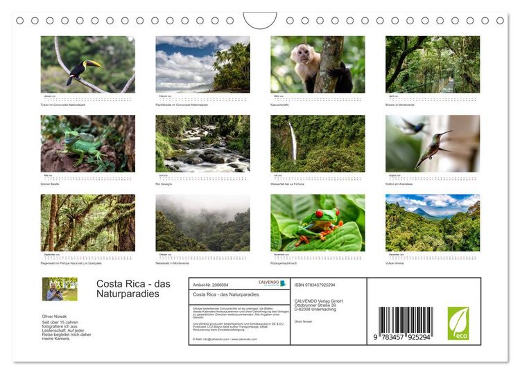 Produktbild: Costa Rica - das Naturparadies (Wandkalender 2026 DIN A4 quer), CALVENDO Monatskalender