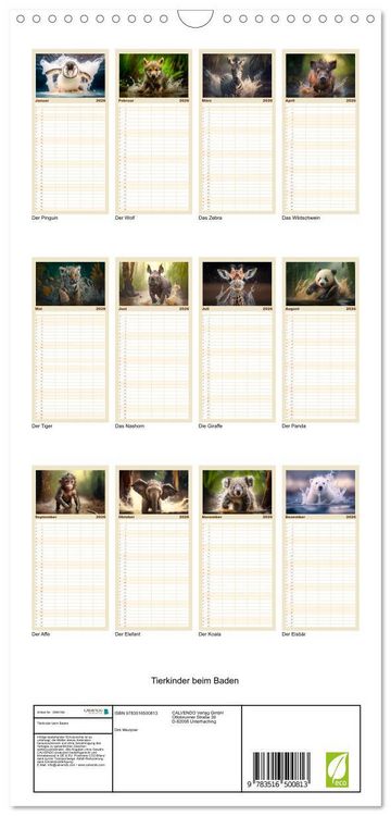 Produktbild: Familienplaner 2026 - Tierkinder beim Baden mit 5 Spalten (Wandkalender, 21 x 45 cm) CALVENDO