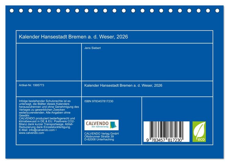 Produktbild: Kalender Hansestadt Bremen a. d. Weser, 2026 (Tischkalender 2026 DIN A5 quer), CALVENDO Monatskalender