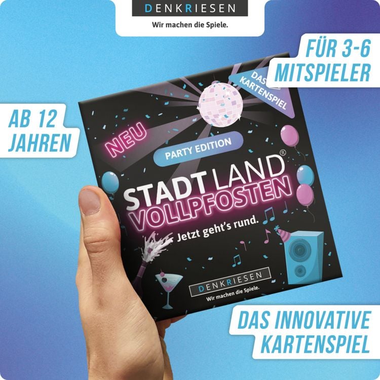 DENKRIESEN - STADT LAND VOLLPFOSTEN® - Das Kartenspiel - PARTY EDITION "Jetzt geht's rund."