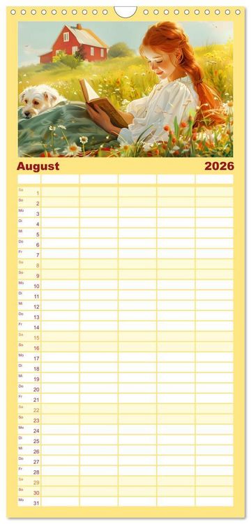 Produktbild: Familienplaner 2026 - B&uuml;cher, Liebe und ein kleiner Hund mit 5 Spalten (Wandkalender, 21 x 45 cm) CALVENDO