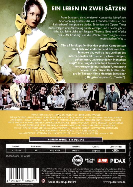 Produktbild: Franz Schubert - Ein unvollendetes Leben / Hervorragende Filmbiografie &uuml;ber den gro&szlig;en Komponisten (Pidax Historien-Klassiker)