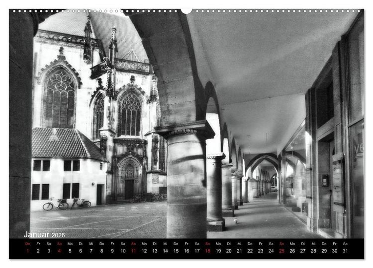 Produktbild: M&uuml;nster in schwarz-wei&szlig; gesehen (Wandkalender 2026 DIN A2 quer), CALVENDO Monatskalender