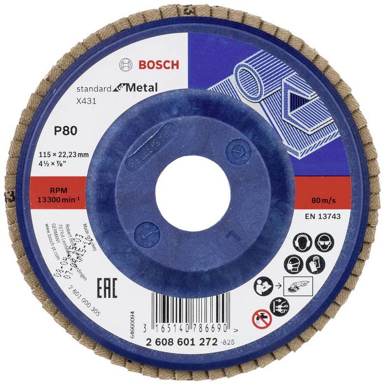 Produktbild: Bosch Accessories 2608601272 X431 F&auml;cherschleifscheibe Durchmesser 115 mm Bohrungs-&Oslash; 22.33 mm K&ouml;rnung (num) 80 Stahl 1 St.