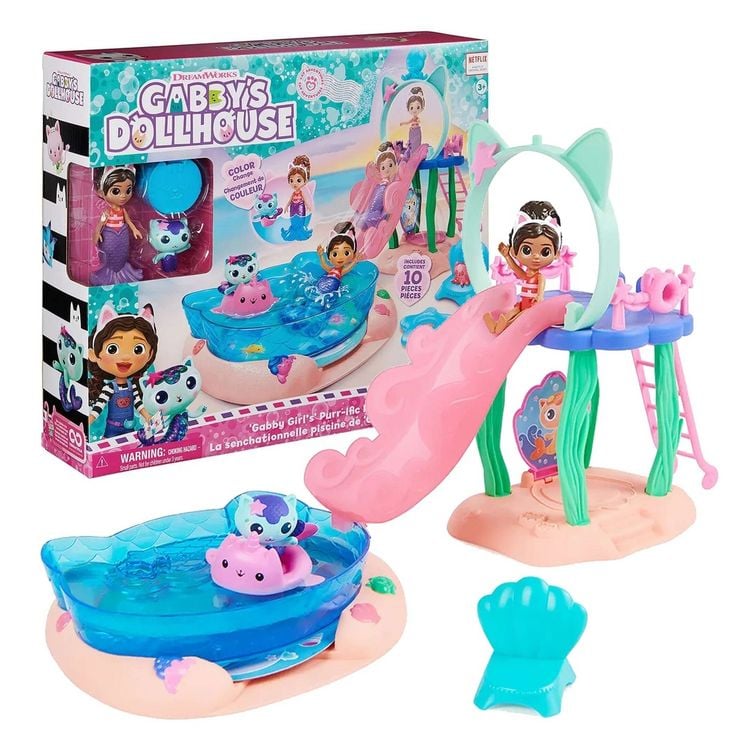 Bild vom Artikel Gabby’s Dollhouse, Purrific Pool Party Spielset mit Gabby- und Meerkätzchen-Figur mit Meerjungfrauenflosse mit Farbwechseleffekt vom Autor 