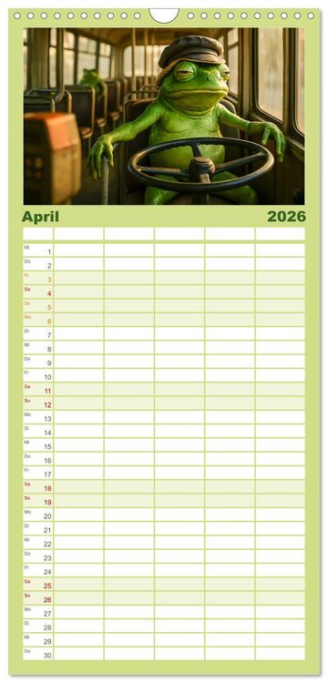 Produktbild: Familienplaner 2026 - Frosch bei der Arbeit- Dienst nach Vorschrift mit 5 Spalten (Wandkalender, 21 x 45 cm) CALVENDO