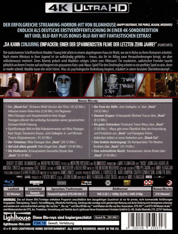 Produktbild: Hush - Still - Collector's Edition (4K Ultra HD) (+ Blu-ray) (+ Bonus-Blu-ray)