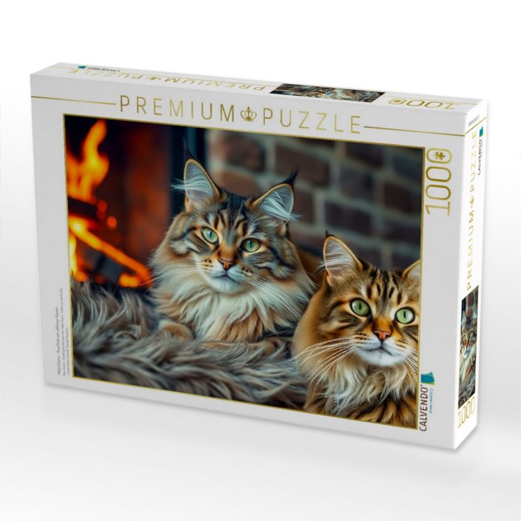 Produktbild: CALVENDO Puzzle Main Coons - Kuscheln am offenen Kamin | 1000 Teile Lege-Gr&ouml;&szlig;e 64x48cm Foto-Puzzle f&uuml;r gl&uuml;ckliche Stunden