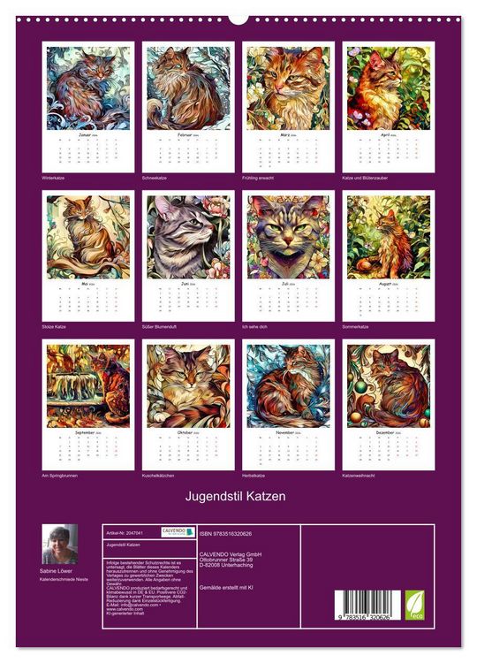 Produktbild: Jugendstil Katzen (hochwertiger Premium Wandkalender 2026 DIN A2 hoch), Kunstdruck in Hochglanz