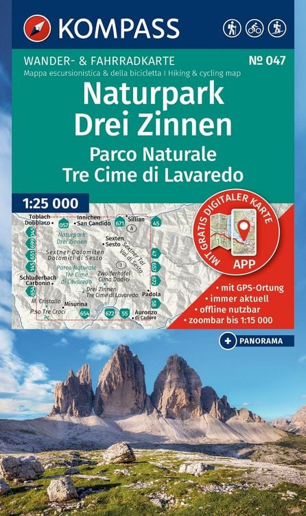 Produktbild: KOMPASS Wanderkarte 047 Naturpark Drei Zinnen, Parco Naturale Tre Cime di Lavaredo 1:25.000