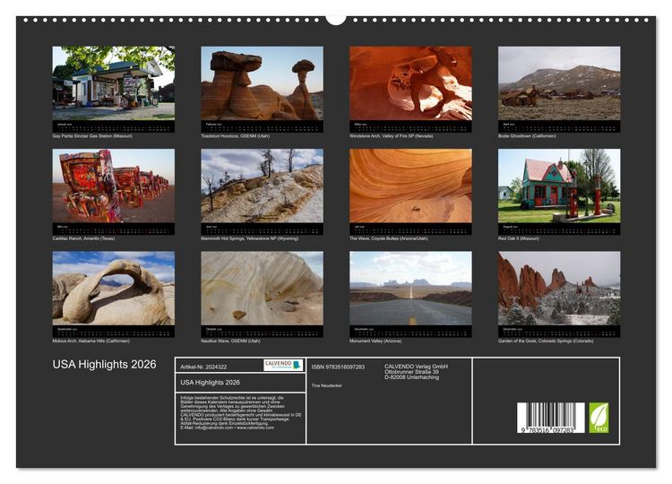 Produktbild: USA Highlights 2026 (hochwertiger Premium Wandkalender 2026 DIN A2 quer), Kunstdruck in Hochglanz