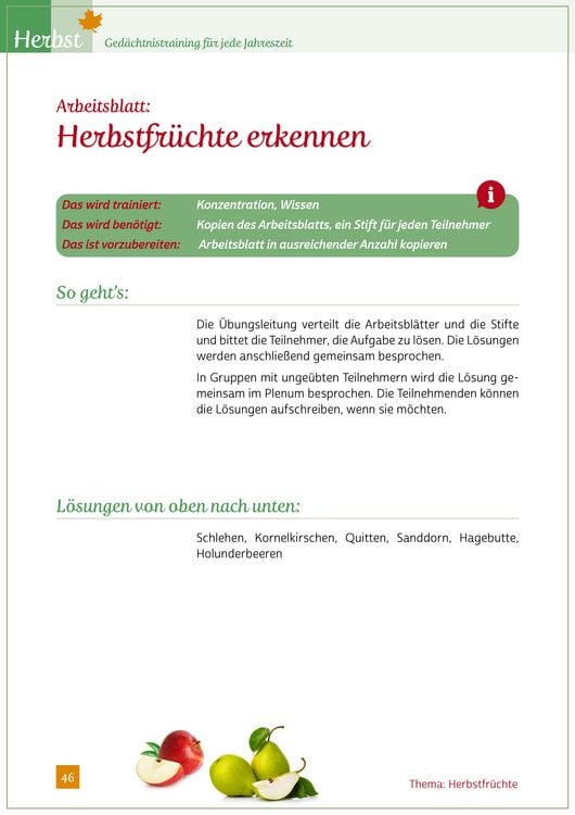 Produktbild: Ged&auml;chtnistraining f&uuml;r jede Jahreszeit - Herbst. F&uuml;r Senioren. Auch mit Demenz. Mit Kopiervorlagen