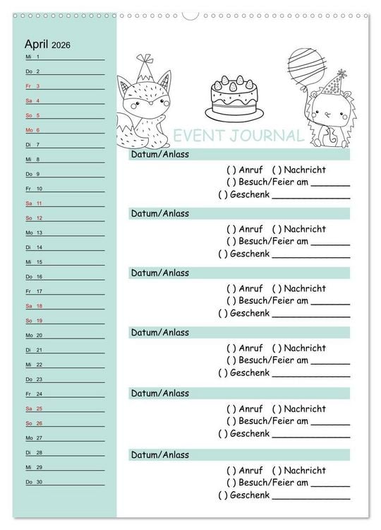 Produktbild: Geburtstagsplaner Doodle Tiere - F&uuml;r Termine, Geschenke, Eventdetails & mehr (Wandkalender 2026 DIN A2 hoch), CALVENDO Monatskalender