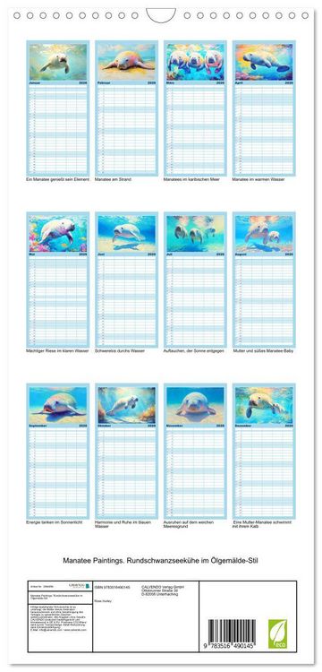 Produktbild: Familienplaner 2026 - Manatee Paintings. Rundschwanzseek&uuml;he im &Ouml;lgem&auml;lde-Stil mit 5 Spalten (Wandkalender, 21 x 45 cm) CALVENDO