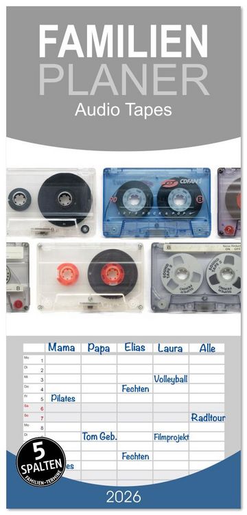 Produktbild: Familienplaner 2026 - Audio Tapes mit 5 Spalten (Wandkalender, 21 x 45 cm) CALVENDO