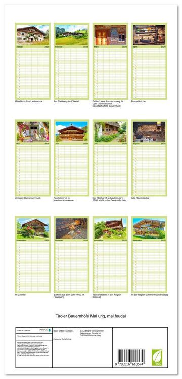 Produktbild: Familienplaner 2026 - Tiroler Bauernh&ouml;fe Mal urig, mal feudal mit 5 Spalten (Wandkalender, 21 x 45 cm) CALVENDO