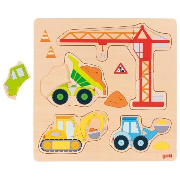 Produktbild: Goki 57439 - Einlegepuzzle Baufahrzeuge, 12-teilig, Holz, 27x27cm