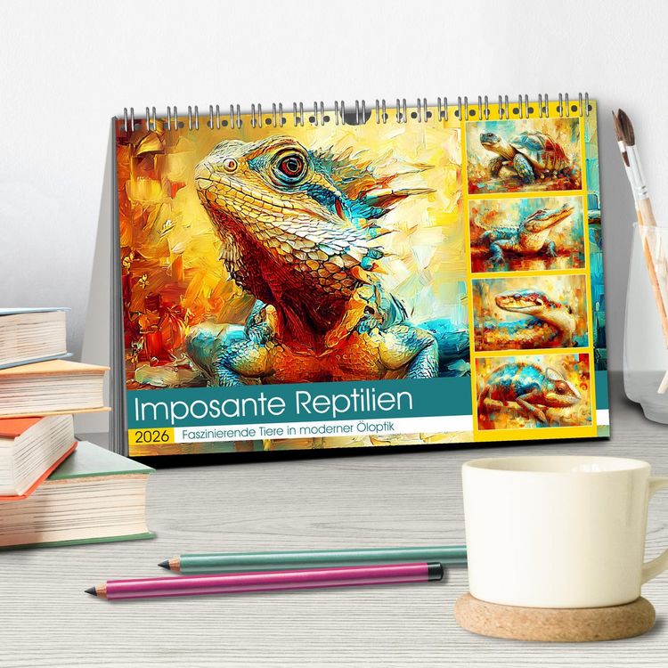 Produktbild: Imposante Reptilien. Faszinierende Tiere in moderner &Ouml;loptik (Tischkalender 2026 DIN A5 quer), CALVENDO Monatskalender