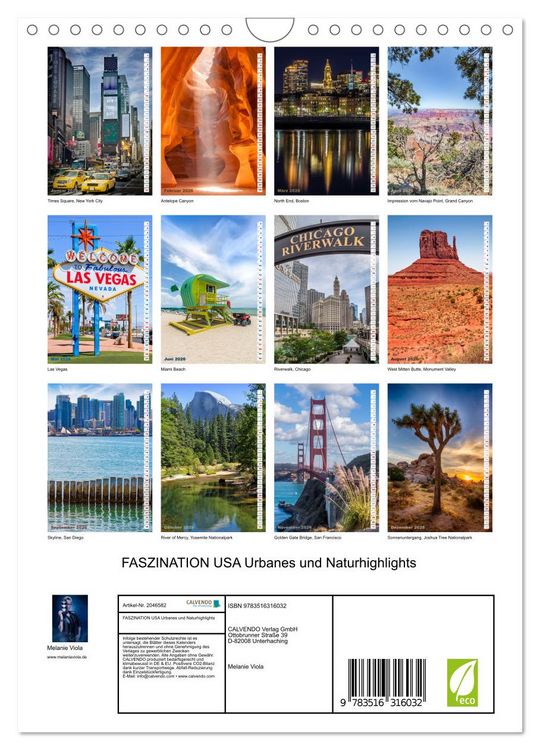 Produktbild: FASZINATION USA Urbanes und Naturhighlights (Wandkalender 2026 DIN A4 hoch), CALVENDO Monatskalender
