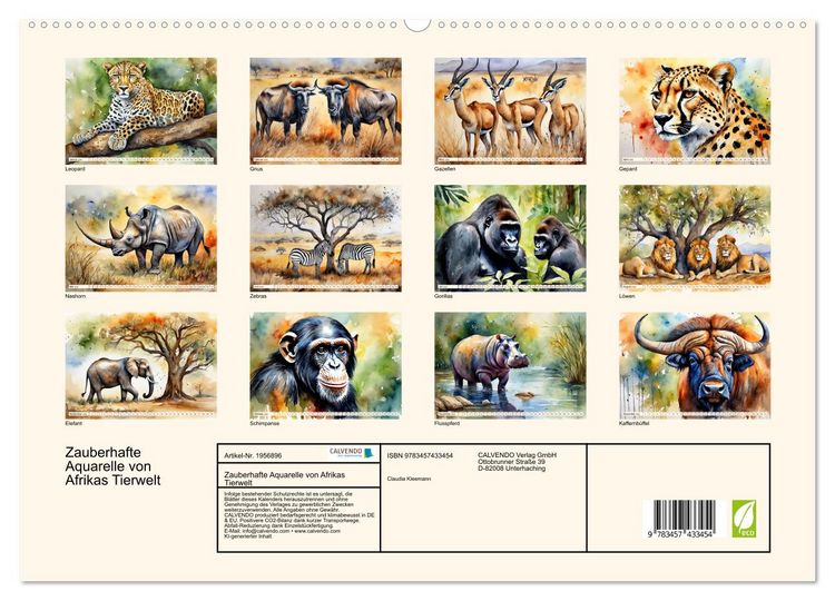 Produktbild: Zauberhafte Aquarelle von Afrikas Tierwelt (hochwertiger Premium Wandkalender 2026 DIN A2 quer), Kunstdruck in Hochglanz