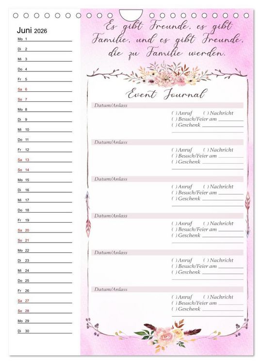 Produktbild: Geburtstagsplaner Boho Rosa - F&uuml;r Termine, Geschenke, Eventdetails & mehr (Wandkalender 2026 DIN A4 hoch), CALVENDO Monatskalender
