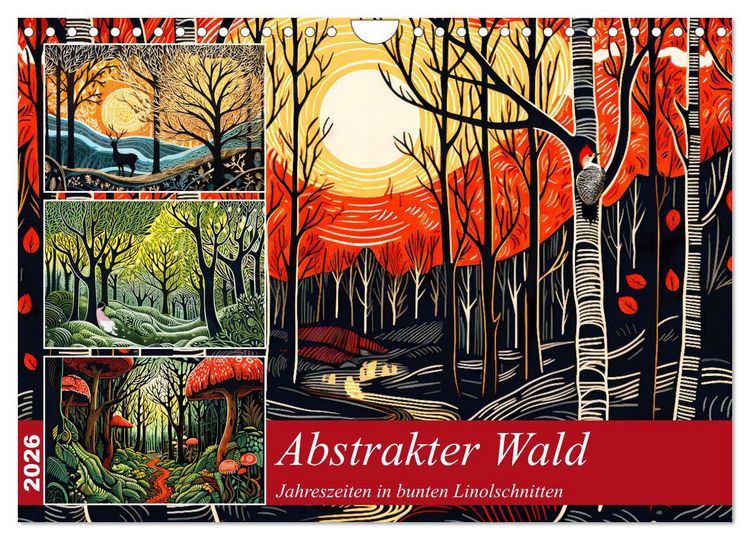 Produktbild: Abstrakter Wald - Jahreszeiten in bunten Linolschnitten (Wandkalender 2026 DIN A4 quer), CALVENDO Monatskalender