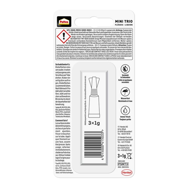 Produktbild: Pattex Kleben Pattex Sekundenkleber Fl&uuml;ssig Mini Trio, 3 1 g