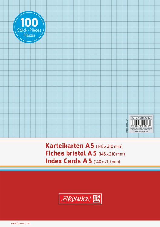 Produktbild: Brunnen Karteikarten &brvbar; 210&times;148 mm, A5, 5 mm kariert, blau, 100 St&uuml;ck
