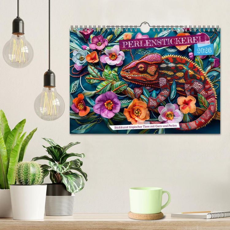 Produktbild: Perlenstickerei - Stickkunst tropischer Tiere mit Garn und Perlen (Wandkalender 2026 DIN A4 quer), CALVENDO Monatskalender