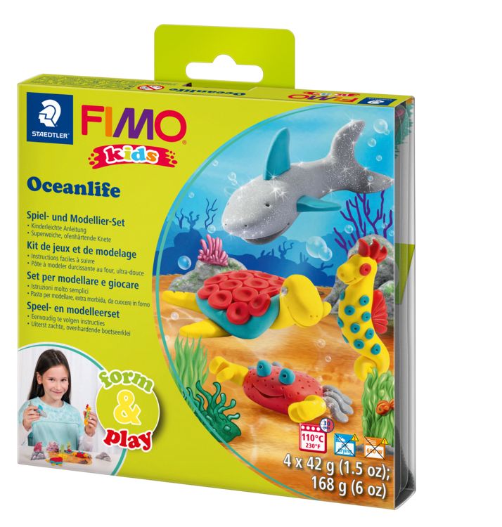 Produktbild: STAEDTLER FIMO kids 8034, ofenh&auml;rtende Modelliermasse, Set Oceanlife mit 4 Bl&ouml;cken 42 g, Modellierstab
