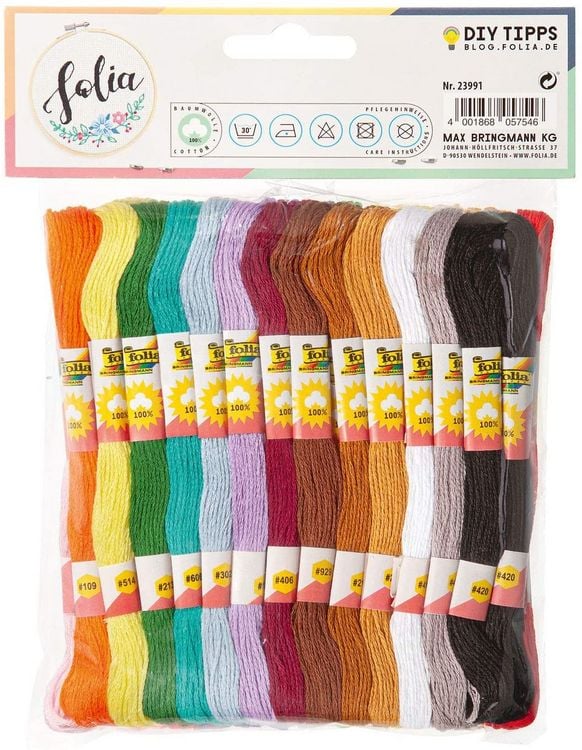 Produktbild: Folia Stickgarn BASIC, 52 Docken je 8m in 26 Farben
