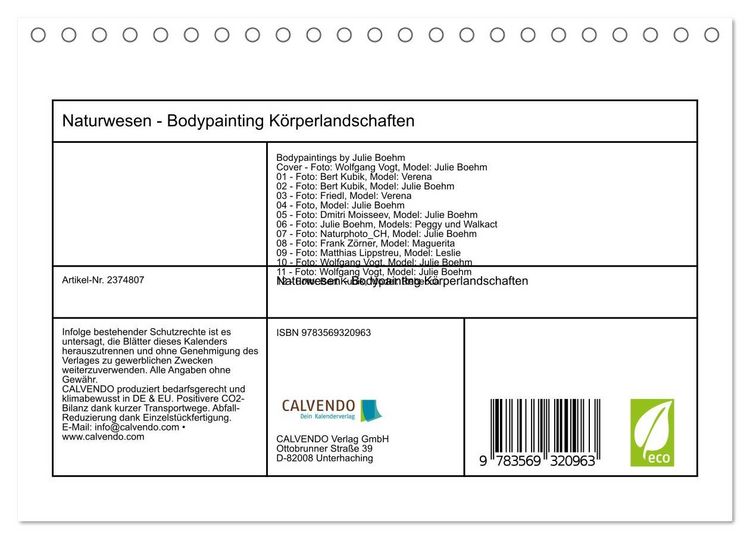 Produktbild: Naturwesen - Bodypainting K&ouml;rperlandschaften (Tischkalender 2027 DIN A5 quer), CALVENDO Monatskalender