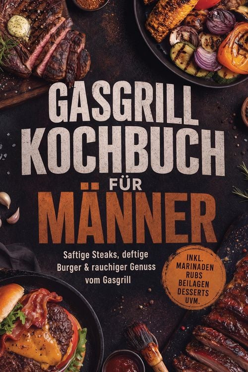 Produktbild: Gasgrill Kochbuch f&uuml;r M&auml;nner: Saftige Steaks, deftige Burger & rauchiger Genuss vom Gasgrill - inkl. Marinaden, Rubs, Beilagen, Desserts uvm.