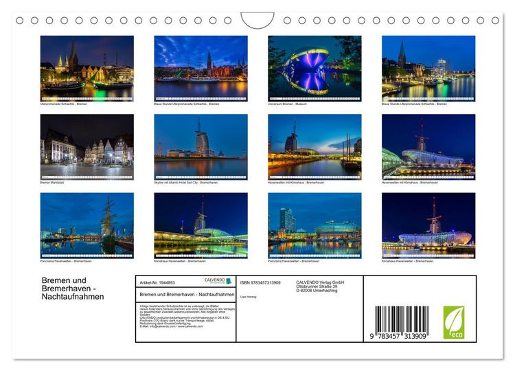 Produktbild: Bremen und Bremerhaven - Nachtaufnahmen (Wandkalender 2026 DIN A4 quer), CALVENDO Monatskalender