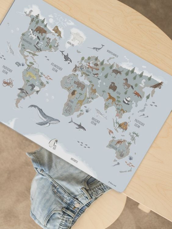Produktbild: Scriptum Schreibtischunterlage f&uuml;r Kinder Weltkarte bleu - 60 x 40 cm - aus premium Vinyl