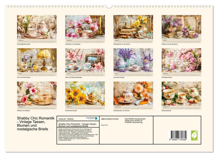 Produktbild: Shabby Chic Romantik - Vintage Tassen, Blumen und nostalgische Briefe (hochwertiger Premium Wandkalender 2026 DIN A2 quer), Kunstdruck in Hochglanz