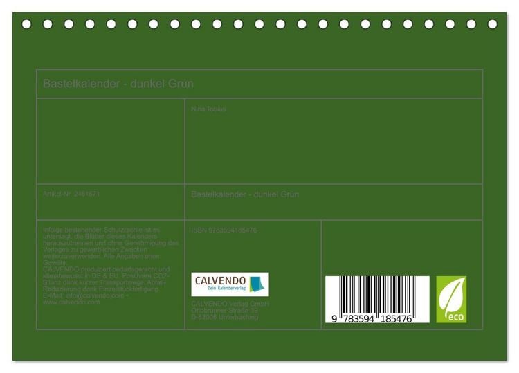 Produktbild: Bastelkalender - dunkel Gr&uuml;n (Tischkalender 2027 DIN A5 quer), CALVENDO Monatskalender