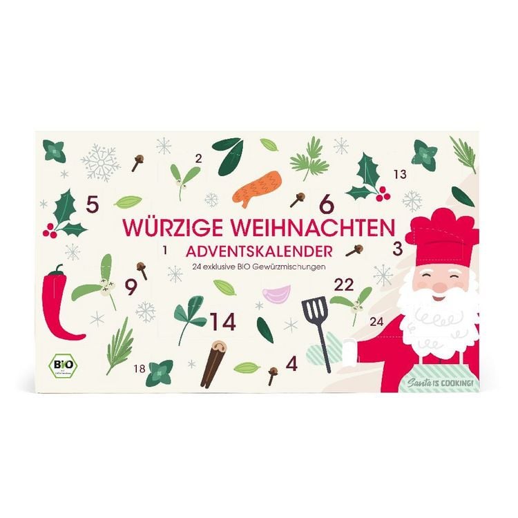 Produktbild: W&uuml;rzige Weihnachten BIO Gew&uuml;rz Adventskalender mit Gew&uuml;rzen und Rezeptideen