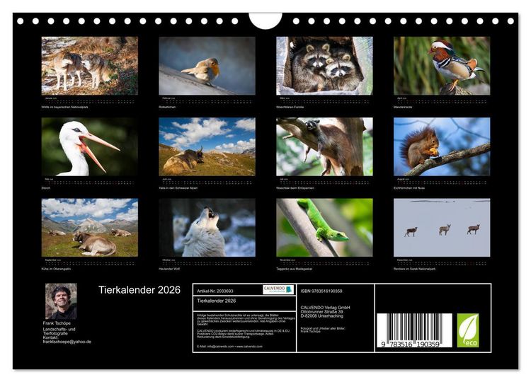 Produktbild: Tierkalender 2026 (Wandkalender 2026 DIN A4 quer), CALVENDO Monatskalender
