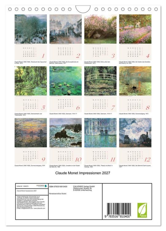 Produktbild: Claude Monet Impressionen 2027 (Wandkalender 2027 DIN A4 hoch), CALVENDO Monatskalender