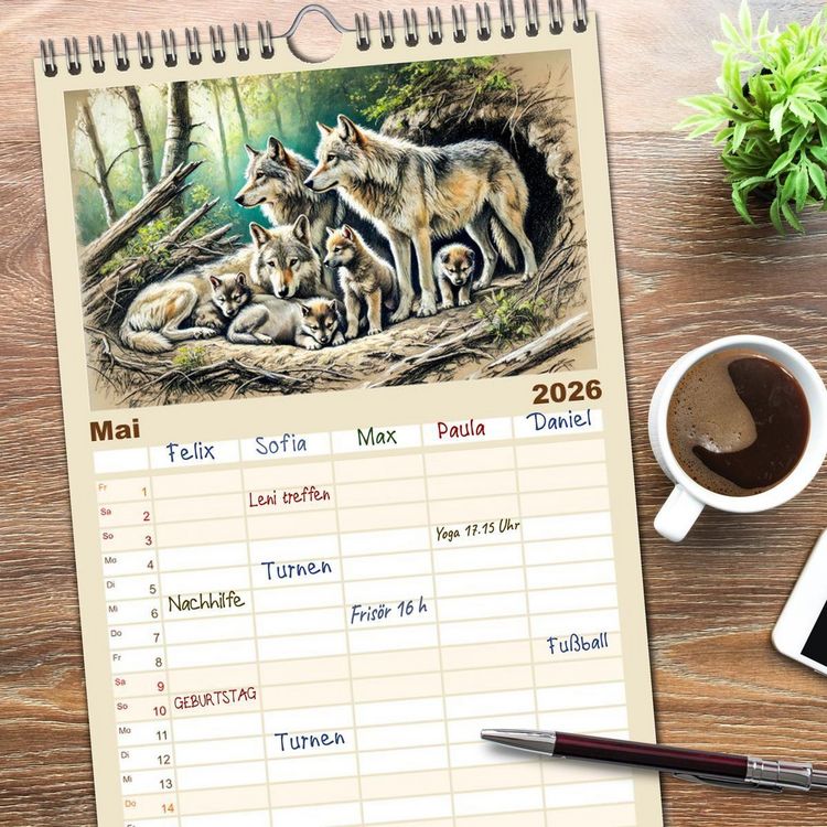 Produktbild: Familienplaner 2026 - Die Eleganz der W&ouml;lfe - Mythische Begegnungen in der Natur mit 5 Spalten (Wandkalender, 21 x 45 cm) CALVENDO