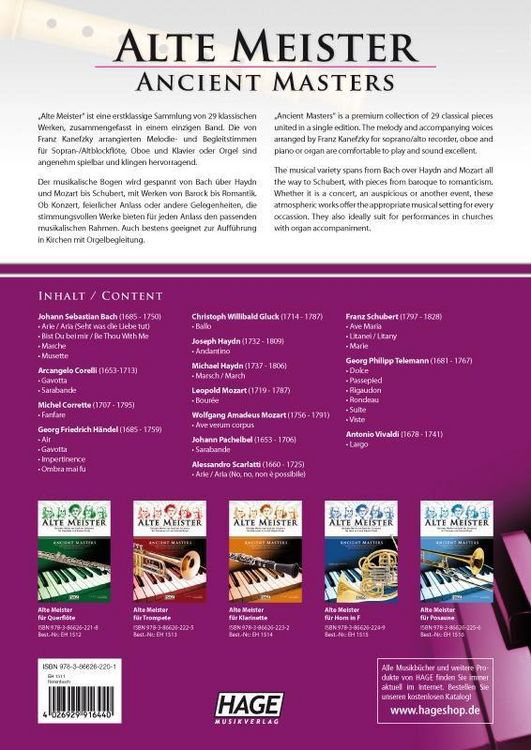 Produktbild: Alte Meister f&uuml;r Sopran-/Altblockfl&ouml;te und Klavier/Orgel