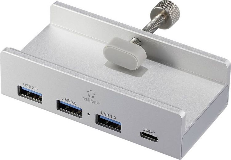 Produktbild: Renkforce RF-6690354 USB-Hub 3+1 Port USB-A, USB-C&reg; USB 3.1 Gen1 5 GBit/s mit Aluminiumgeh&auml;use Silber RF-ACHB-350