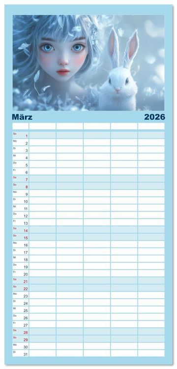 Produktbild: Familienplaner 2026 - Winterliche Fantasie Anim&eacute; mit 5 Spalten (Wandkalender, 21 x 45 cm) CALVENDO