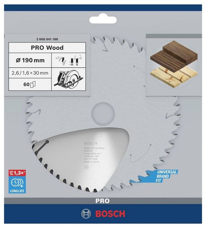 Produktbild: Bosch Accessories Optiline Wood 2608641188 Hartmetall Kreiss&auml;geblatt 190 x 30 x 2.6 mm Z&auml;hneanzahl: 60 1 St.
