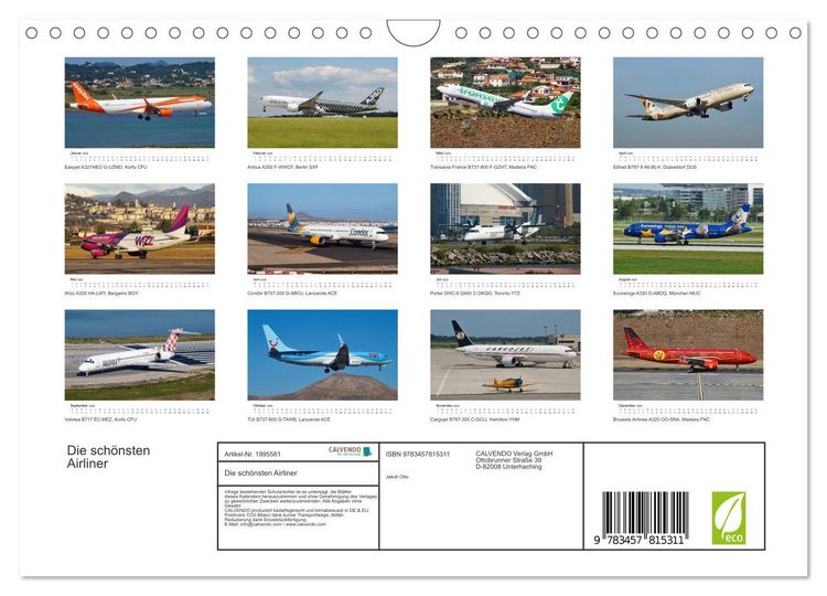 Produktbild: Die sch&ouml;nsten Airliner (Wandkalender 2026 DIN A4 quer), CALVENDO Monatskalender